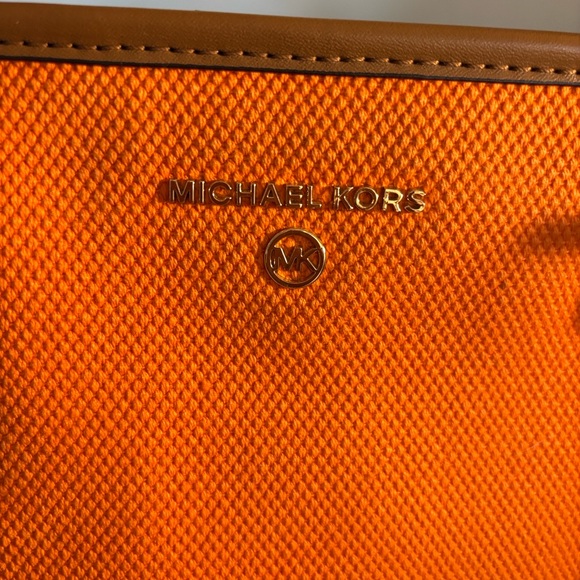 Michael Kors Aria Large Tote in Bright Orange Coated Fabric and tan leather trim - Picture 5 of 6